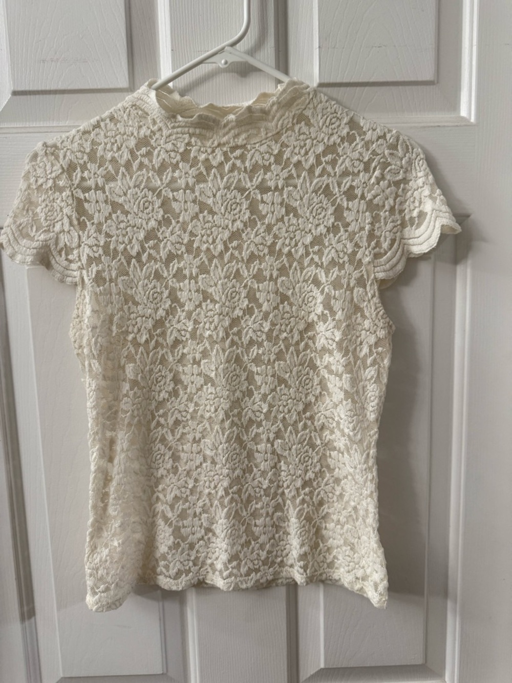 Lace High-Neck Short Sleeve Top - Cream